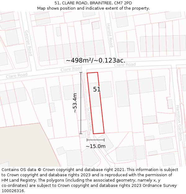 51, CLARE ROAD, BRAINTREE, CM7 2PD: Plot and title map