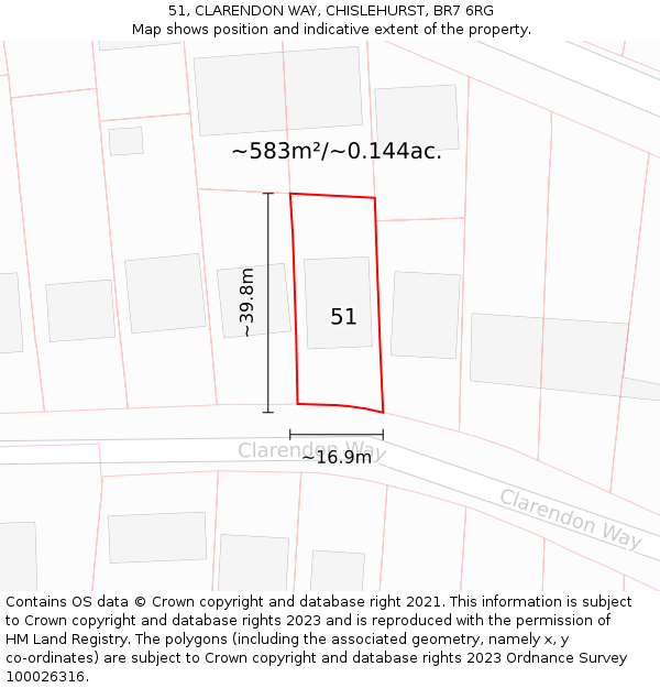 51, CLARENDON WAY, CHISLEHURST, BR7 6RG: Plot and title map