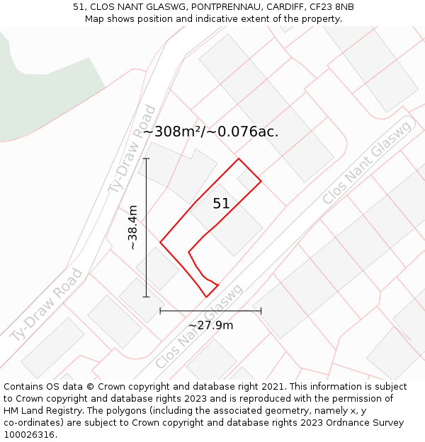51, CLOS NANT GLASWG, PONTPRENNAU, CARDIFF, CF23 8NB: Plot and title map