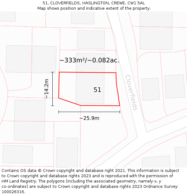 51, CLOVERFIELDS, HASLINGTON, CREWE, CW1 5AL: Plot and title map