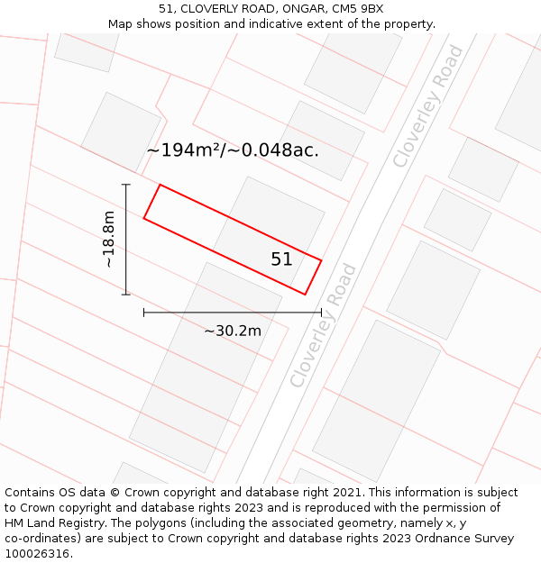 51, CLOVERLY ROAD, ONGAR, CM5 9BX: Plot and title map