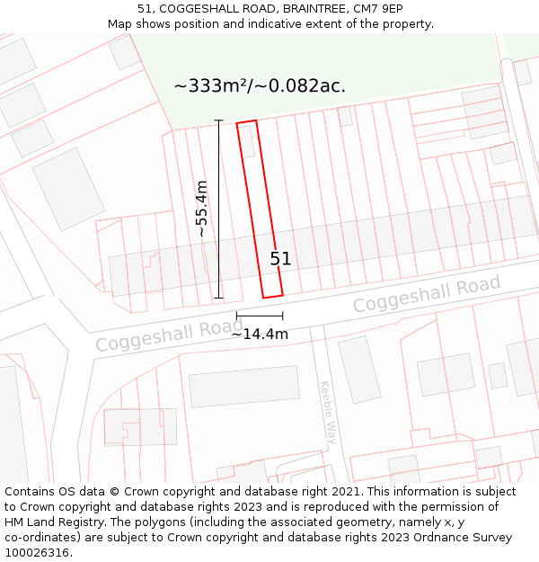 51, COGGESHALL ROAD, BRAINTREE, CM7 9EP: Plot and title map