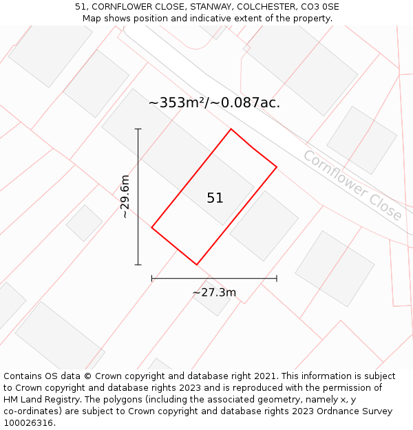 51, CORNFLOWER CLOSE, STANWAY, COLCHESTER, CO3 0SE: Plot and title map