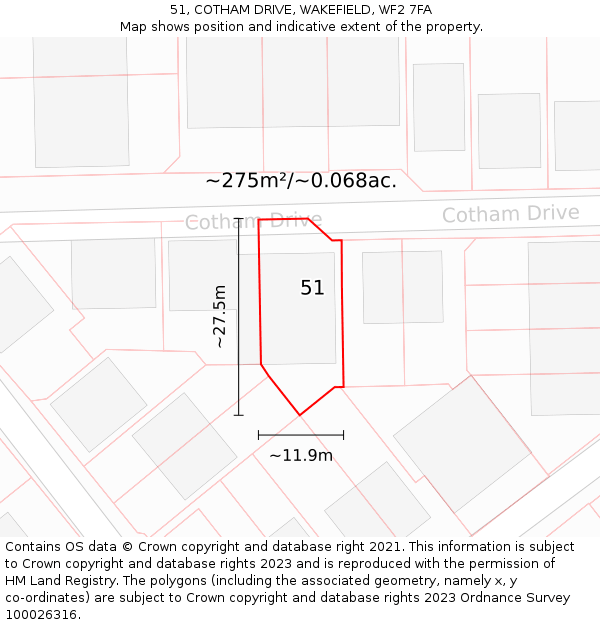 51, COTHAM DRIVE, WAKEFIELD, WF2 7FA: Plot and title map