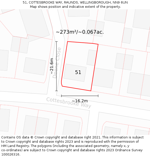 51, COTTESBROOKE WAY, RAUNDS, WELLINGBOROUGH, NN9 6UN: Plot and title map