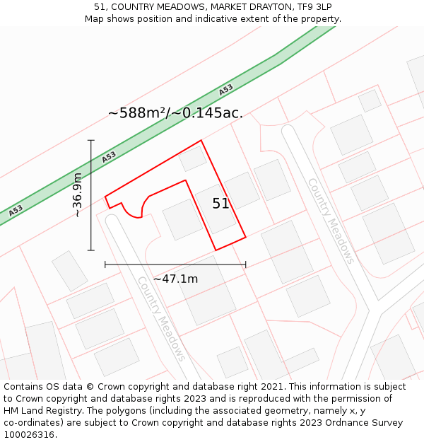 51, COUNTRY MEADOWS, MARKET DRAYTON, TF9 3LP: Plot and title map