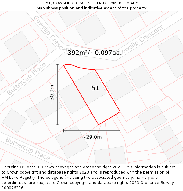 51, COWSLIP CRESCENT, THATCHAM, RG18 4BY: Plot and title map