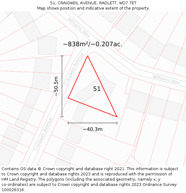 51, CRAIGWEIL AVENUE, RADLETT, WD7 7ET: Plot and title map