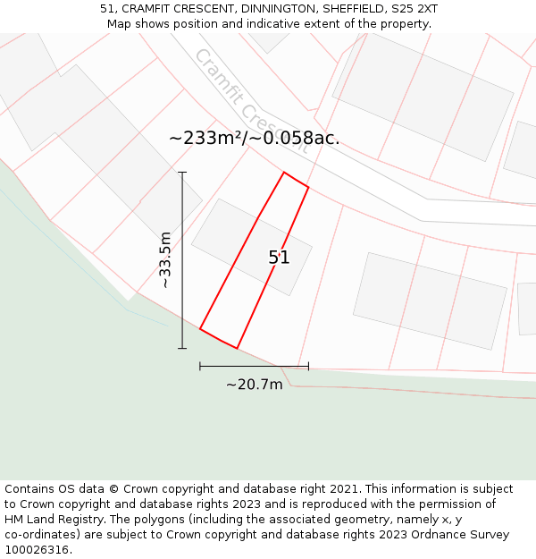 51, CRAMFIT CRESCENT, DINNINGTON, SHEFFIELD, S25 2XT: Plot and title map