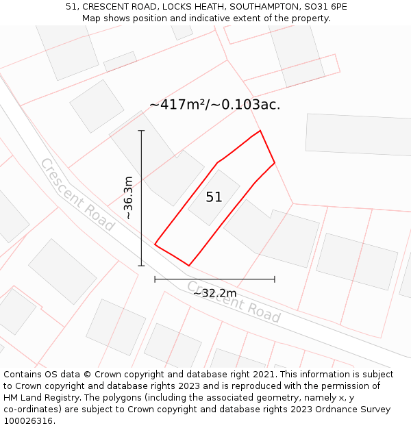 51, CRESCENT ROAD, LOCKS HEATH, SOUTHAMPTON, SO31 6PE: Plot and title map
