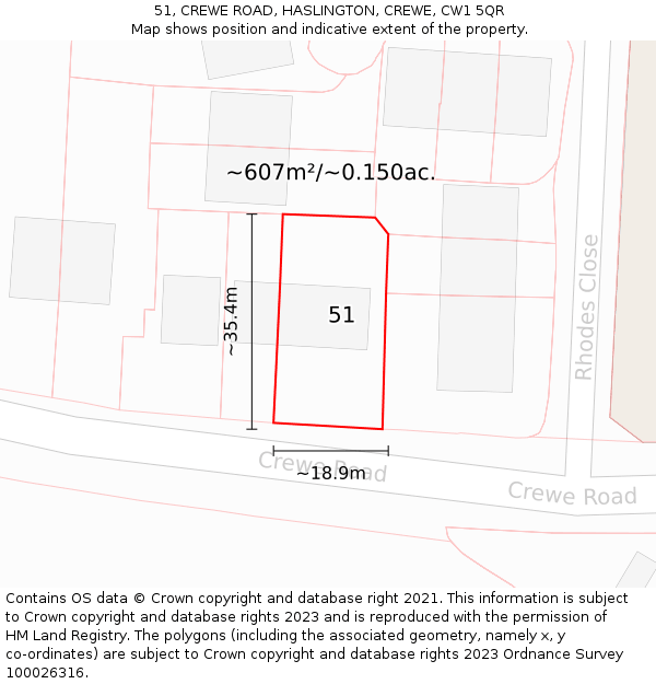 51, CREWE ROAD, HASLINGTON, CREWE, CW1 5QR: Plot and title map