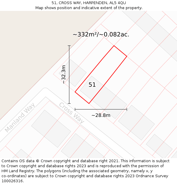 51, CROSS WAY, HARPENDEN, AL5 4QU: Plot and title map