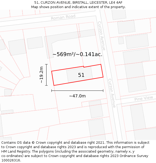 51, CURZON AVENUE, BIRSTALL, LEICESTER, LE4 4AF: Plot and title map