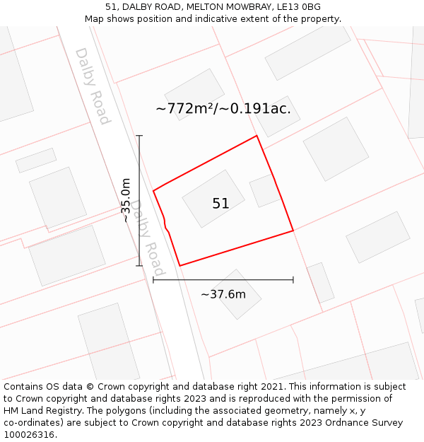 51, DALBY ROAD, MELTON MOWBRAY, LE13 0BG: Plot and title map