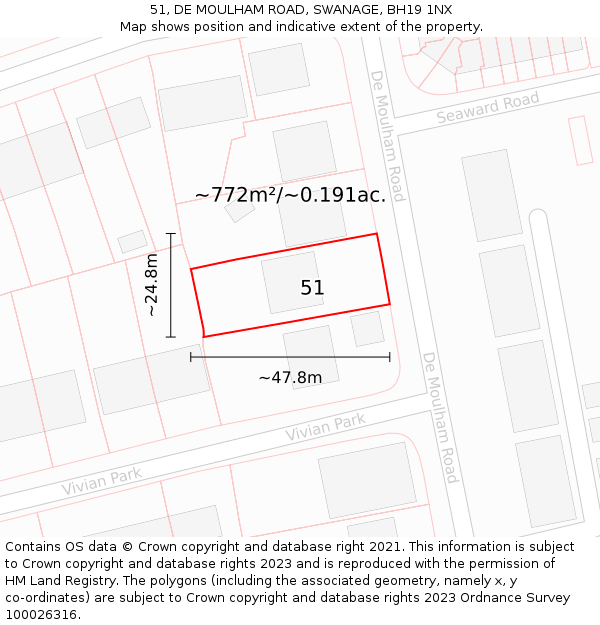 51, DE MOULHAM ROAD, SWANAGE, BH19 1NX: Plot and title map
