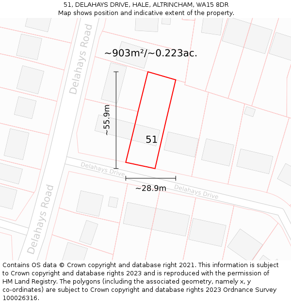 51, DELAHAYS DRIVE, HALE, ALTRINCHAM, WA15 8DR: Plot and title map