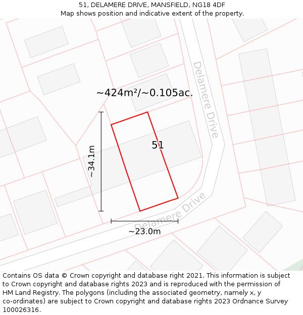 51, DELAMERE DRIVE, MANSFIELD, NG18 4DF: Plot and title map