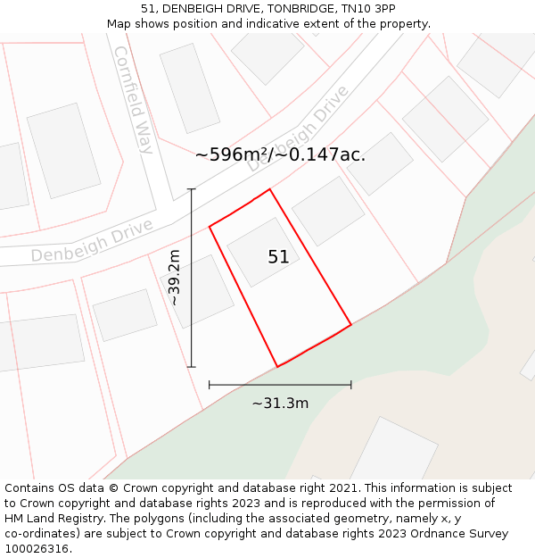 51, DENBEIGH DRIVE, TONBRIDGE, TN10 3PP: Plot and title map