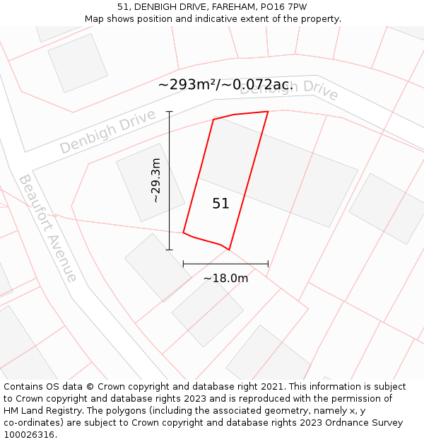 51, DENBIGH DRIVE, FAREHAM, PO16 7PW: Plot and title map