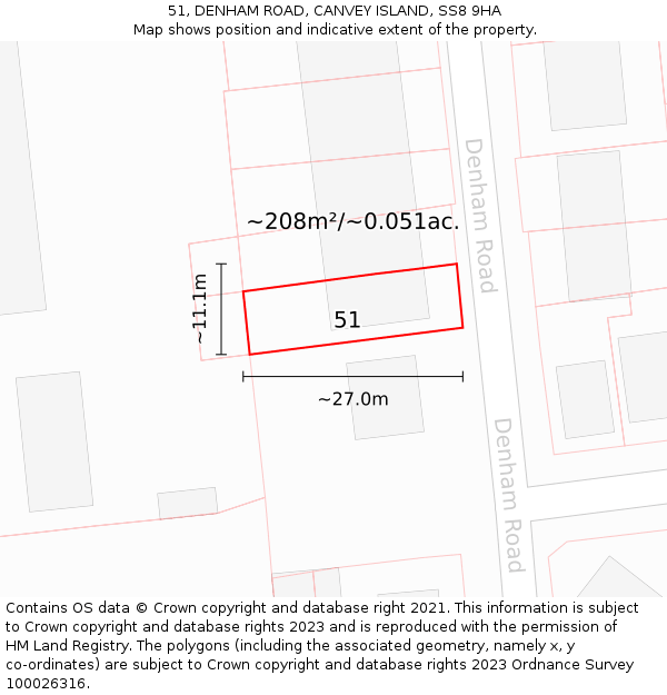 51, DENHAM ROAD, CANVEY ISLAND, SS8 9HA: Plot and title map