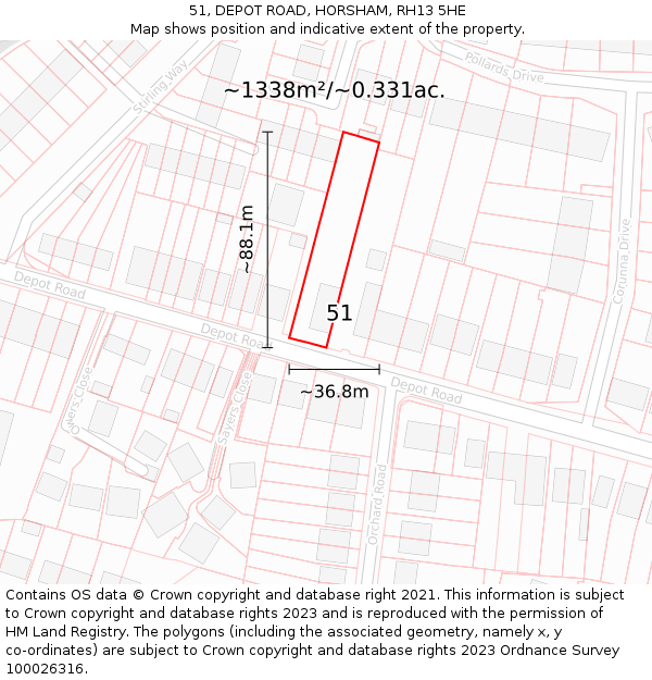 51, DEPOT ROAD, HORSHAM, RH13 5HE: Plot and title map