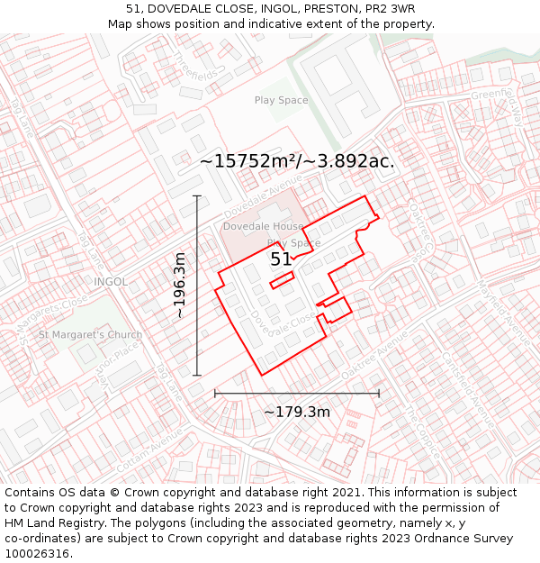 51, DOVEDALE CLOSE, INGOL, PRESTON, PR2 3WR: Plot and title map