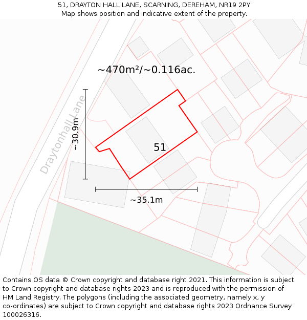 51, DRAYTON HALL LANE, SCARNING, DEREHAM, NR19 2PY: Plot and title map