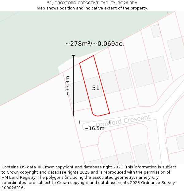 51, DROXFORD CRESCENT, TADLEY, RG26 3BA: Plot and title map