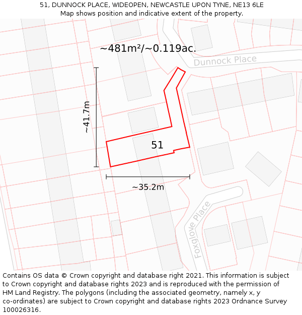 51, DUNNOCK PLACE, WIDEOPEN, NEWCASTLE UPON TYNE, NE13 6LE: Plot and title map