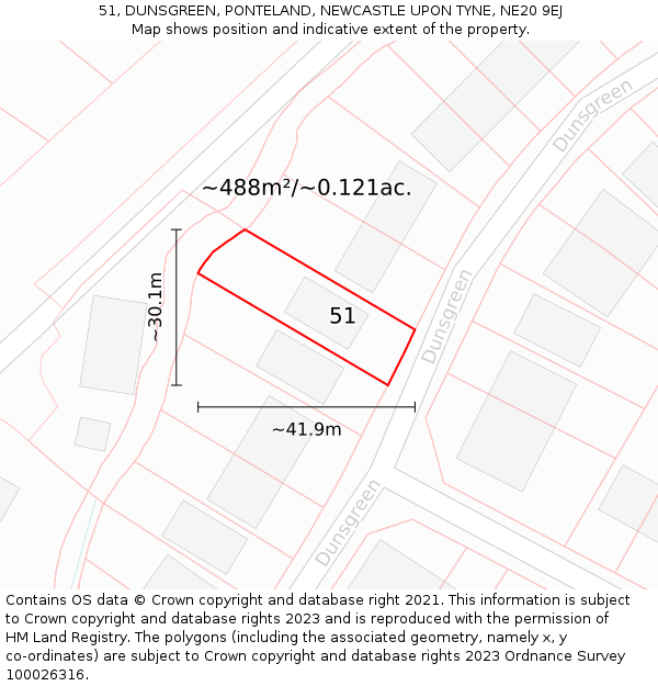 51, DUNSGREEN, PONTELAND, NEWCASTLE UPON TYNE, NE20 9EJ: Plot and title map