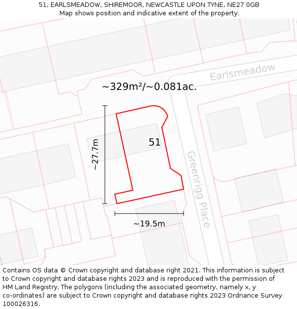 51, EARLSMEADOW, SHIREMOOR, NEWCASTLE UPON TYNE, NE27 0GB: Plot and title map