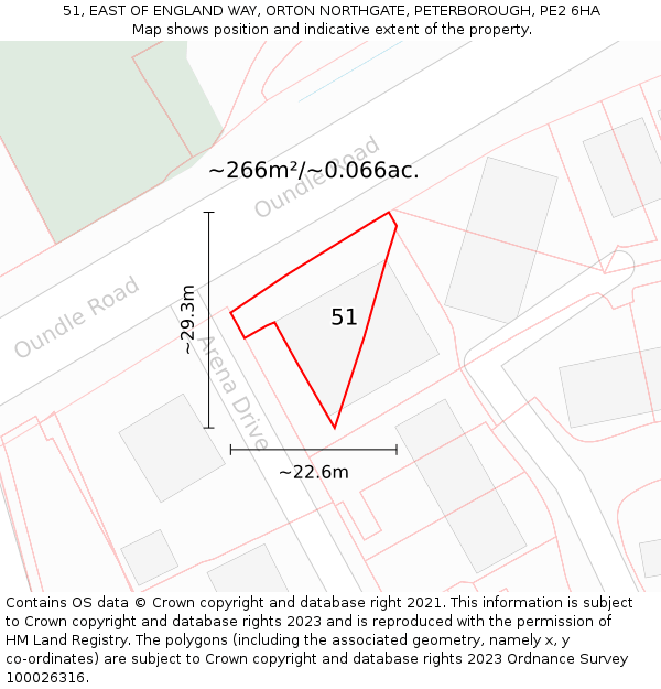 51, EAST OF ENGLAND WAY, ORTON NORTHGATE, PETERBOROUGH, PE2 6HA: Plot and title map