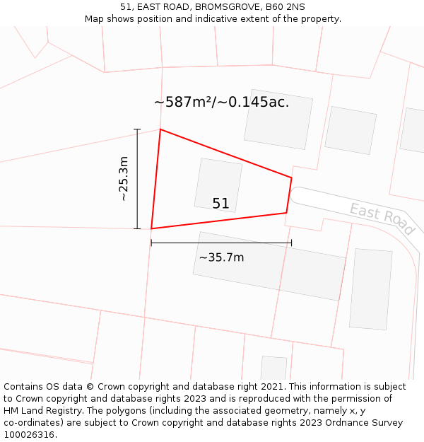 51, EAST ROAD, BROMSGROVE, B60 2NS: Plot and title map
