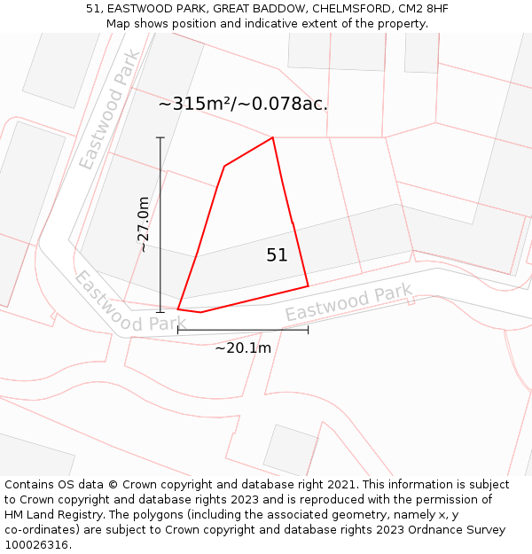 51, EASTWOOD PARK, GREAT BADDOW, CHELMSFORD, CM2 8HF: Plot and title map
