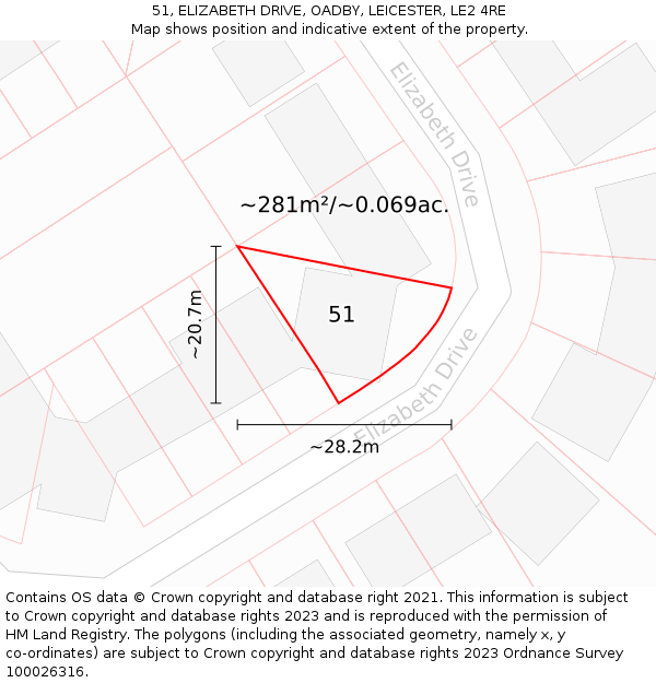51, ELIZABETH DRIVE, OADBY, LEICESTER, LE2 4RE: Plot and title map