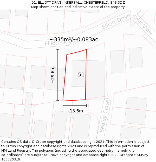 51, ELLIOTT DRIVE, INKERSALL, CHESTERFIELD, S43 3DZ: Plot and title map