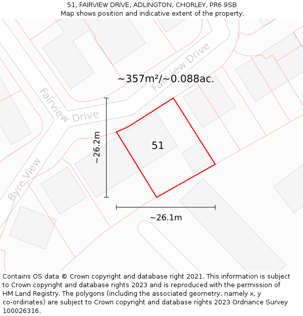 51, FAIRVIEW DRIVE, ADLINGTON, CHORLEY, PR6 9SB: Plot and title map