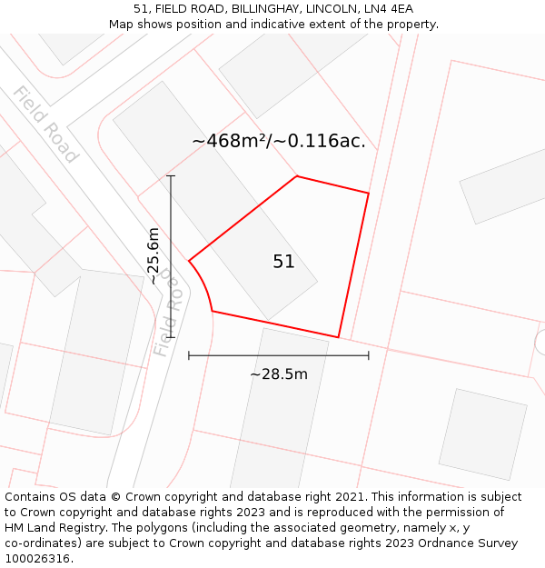 51, FIELD ROAD, BILLINGHAY, LINCOLN, LN4 4EA: Plot and title map