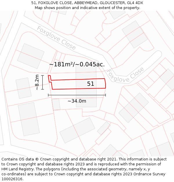 51, FOXGLOVE CLOSE, ABBEYMEAD, GLOUCESTER, GL4 4DX: Plot and title map