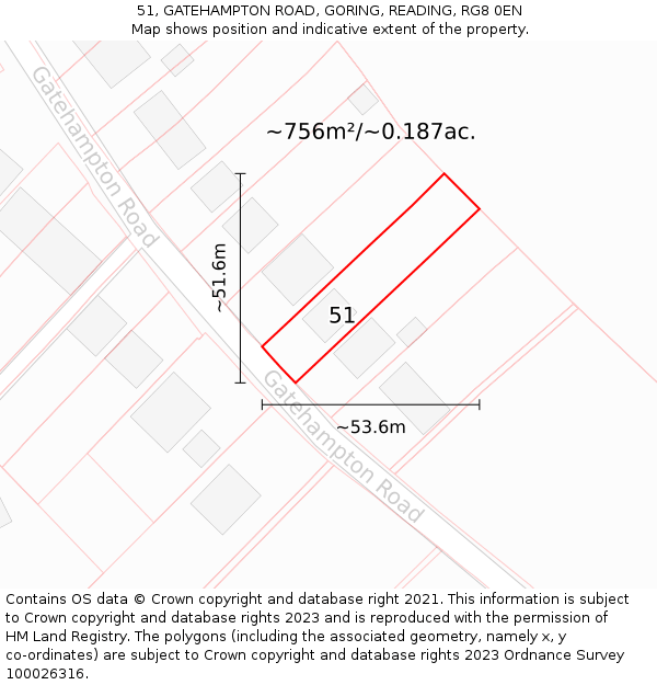 51, GATEHAMPTON ROAD, GORING, READING, RG8 0EN: Plot and title map