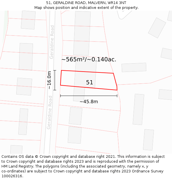 51, GERALDINE ROAD, MALVERN, WR14 3NT: Plot and title map