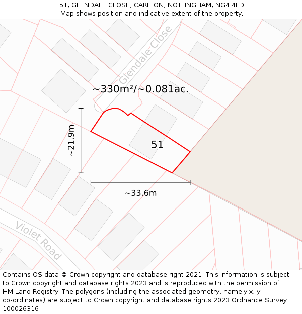 51, GLENDALE CLOSE, CARLTON, NOTTINGHAM, NG4 4FD: Plot and title map