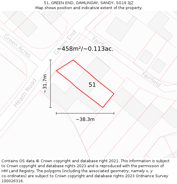 51, GREEN END, GAMLINGAY, SANDY, SG19 3JZ: Plot and title map