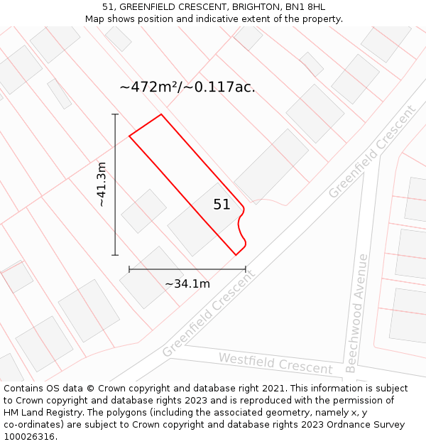 51, GREENFIELD CRESCENT, BRIGHTON, BN1 8HL: Plot and title map