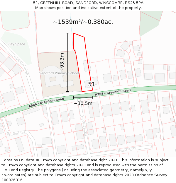 51, GREENHILL ROAD, SANDFORD, WINSCOMBE, BS25 5PA: Plot and title map