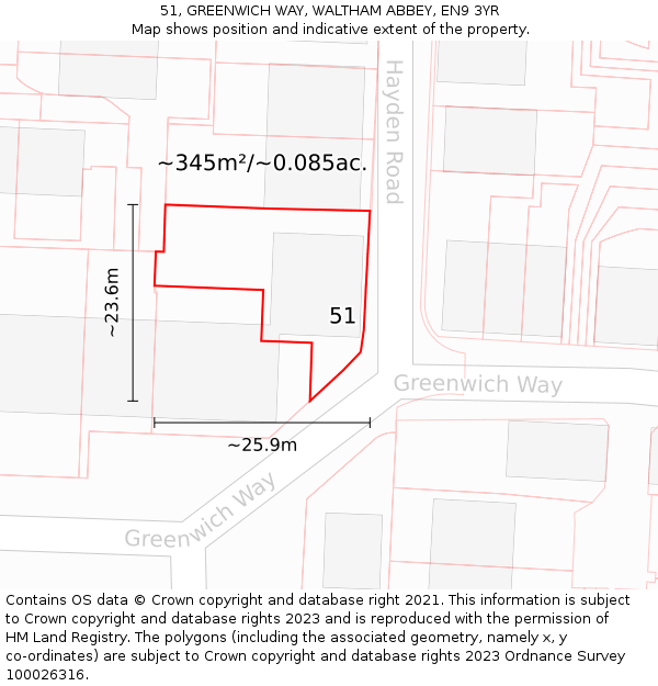51, GREENWICH WAY, WALTHAM ABBEY, EN9 3YR: Plot and title map