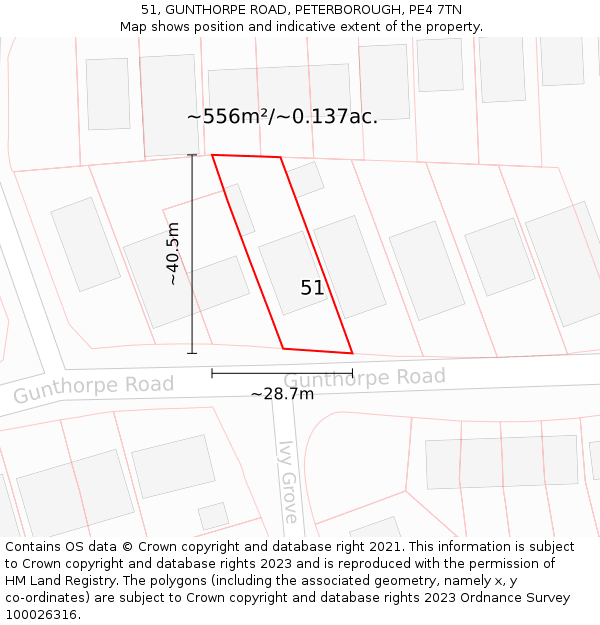 51, GUNTHORPE ROAD, PETERBOROUGH, PE4 7TN: Plot and title map