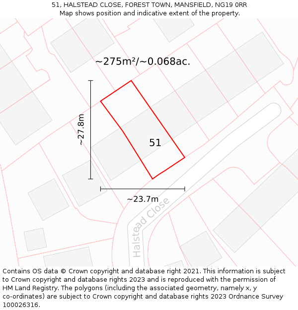51, HALSTEAD CLOSE, FOREST TOWN, MANSFIELD, NG19 0RR: Plot and title map