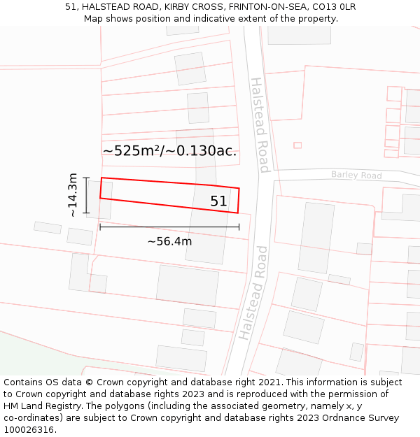 51, HALSTEAD ROAD, KIRBY CROSS, FRINTON-ON-SEA, CO13 0LR: Plot and title map