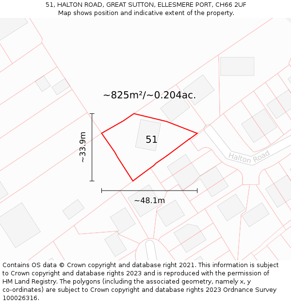 51, HALTON ROAD, GREAT SUTTON, ELLESMERE PORT, CH66 2UF: Plot and title map